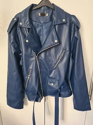 Buy Ladies Petrol Blue PVC Biker Jacket Silver Zip Long Sleeve Size 14/16   2XL • 15£