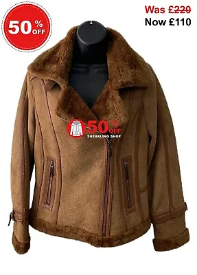 Buy Ladies B3 Shearling Fur Tan Sheepskin Brown Flying Aviator Bomber Leather Jacket • 82.50£