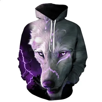 Buy Women Men 3D Print Hoodies Pullover Sweatshirts Lightning Wolf Animal Tops • 22.79£