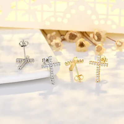Buy 925 Sterling Silver Gold Plated Full CZ Cross Stud Earrings Girl Gift Jewellery • 3.26£