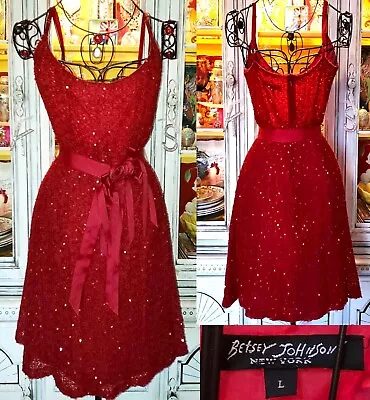 Buy Betsey Johnson Slip Dress Vintage New York 90s Red Sequin Crochet Rose Ribbon L • 192.14£