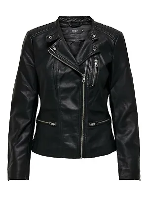 Buy BNWT Ladies ONLY Black Faux Leather Biker Jacket Size Uk 10 Eu 38 • 25£