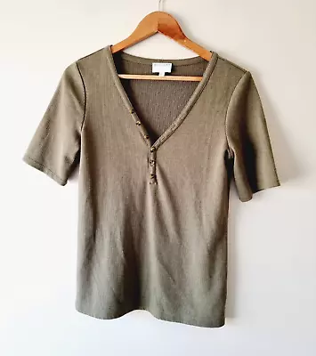 Buy WITCHERY Green Button Detail Ribbed Short Sleeve Top SIZE SMALL 10 Tee • 20.54£