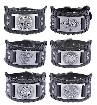 Buy Unisex Viking Black Leather Norse Nordic Rune Wolf Vegvisir Bracelet • 9.95£