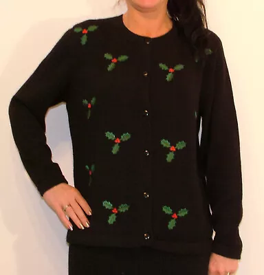 Buy Alpaca Christmas Xmas Cardigan Holly Black Medium  Long Sleeves • 72£