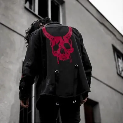 Buy Harajuku Gothic Demon Hunter Skull Black Denim Men Rock Punk Heavy Metal Jacket • 38.65£