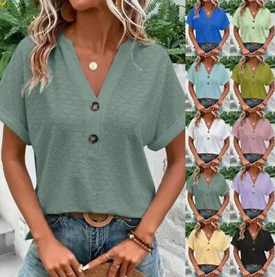 Buy Womens V-Neck Tops Summer Short Sleeve Blouse Casual Loose Tee T Shirt Plus Size • 11.59£