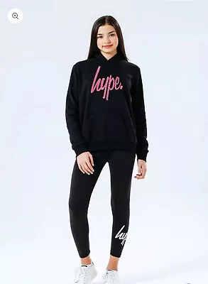 Buy Hype New Girls Black Pink Hooded Soft Jersey Sweater Top Hoodie Age 11-12 • 10£