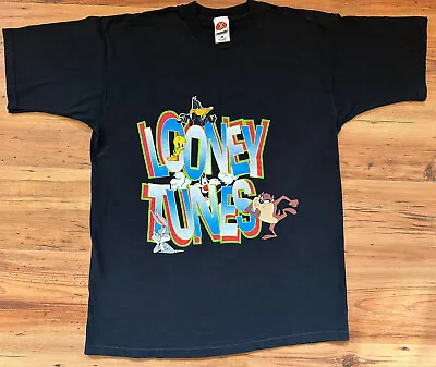Buy Vintage Looney Tunes T Shirt Sz XL Black Spell Out Warner Bros 1997 • 24.99£