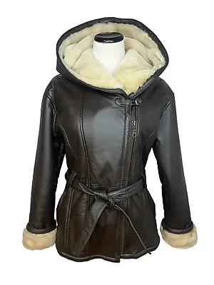 Buy VTG Wilsons Women's Small Genevieve Belted Brown Leather Faux Fur Hooded Jacket • 94.39£