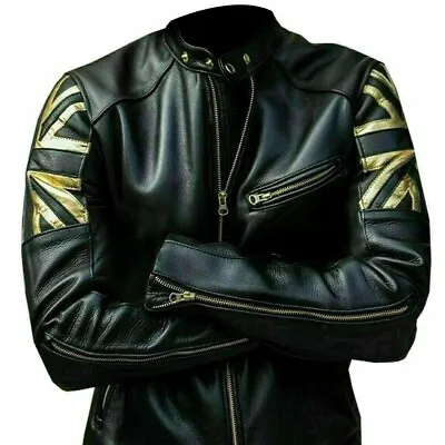 Buy Mens Vintage Motorcycle Cafe Racer Biker Black Union Jack Uk Flag Leather Jacket • 83.99£