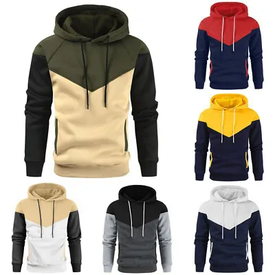 Buy Mens Colourblock Pullover Hooded Hoodie Long Sleeve Sweatshirt Casual Jumper Top • 12.88£