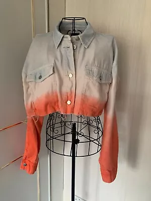 Buy Topshop Size L Light Blue/orange Ombre Very Cropped Long Sleeve Denim Jacket • 5£