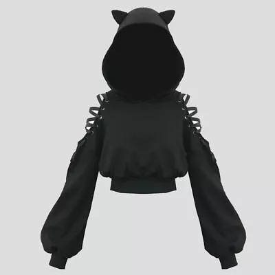 Buy Punk Cat Hoodie Black Sweatshirt Harajuku Lace Up Clothing Women Girl Gothic • 14.39£