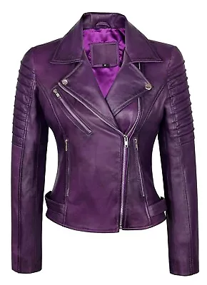 Buy Women Purple Motorcycle Biker Real Leather Jacket Lambskin Leather Top Slim Fit • 68.43£