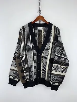 Buy Vintage Multicolor 3D Geometric Pattern Coogi Style Cable Cardigan Sweater 54/L • 33.73£