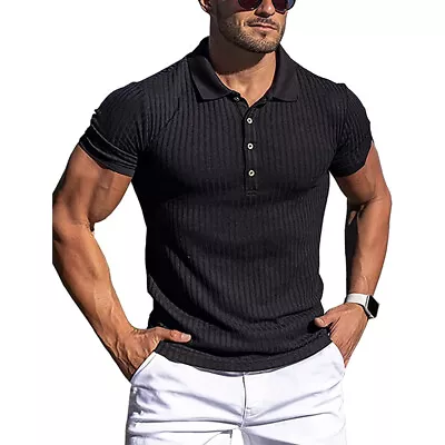 Buy Men Ribbed Short Sleeve Slim Muscle Stretch Fit T-Shirt Casual Top Summer Top UK • 15.68£