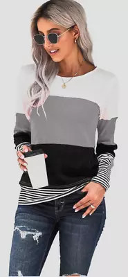 Buy FANGJIN Womens Tops Oversized Striped T Shirt Ladies Tops Size 18 UK Crewneck Sw • 9.99£