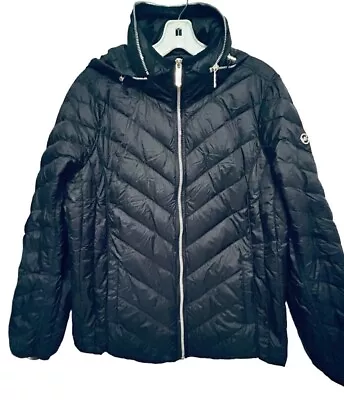 Buy Michael Kors Black Chevron Quilted Packable Puffer Jacket L Down Filled Hooded • 47.08£