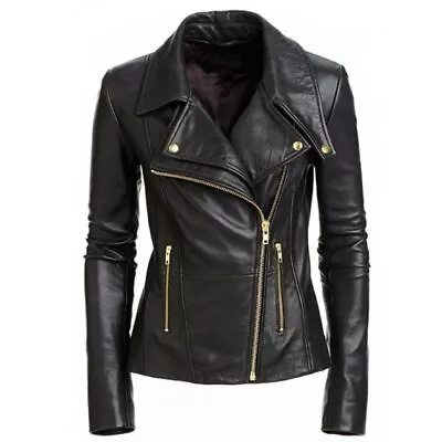 Buy Ladies Women's Black Slim Fit Biker Lambskin Leather Moto Real Leather Jacket • 70£