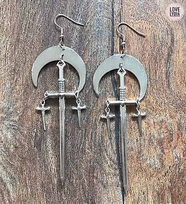 Buy NEW Silver Colour Sword Half Moon Ancient Style Warrior Viking Gothic Earrings • 15.99£