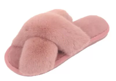 Buy Womens Slippers Ladies Fluffy Furry Cross Over Open Toe Warm Winter Mules Slider • 5.02£