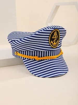 Buy Adults Navy Blue & White Striped Navy Captain Sailor Hat Fancy Dress Party • 6.99£