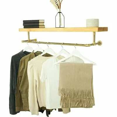Buy Brass Clothes Rail With Solid Wooden Shelf - Elbow Style - Solid Brass Pipe • 291.95£