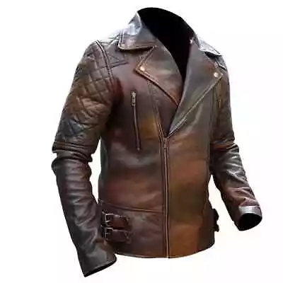 Buy Men's Biker Classic Diamond Motorcycle Brown Distressed Vintage Leather Jacket • 96.07£