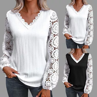 Buy Women Lace Long Sleeve T Shirt Tunic Tops Ladies V Neck Casual Loose Blouse Size • 2.99£