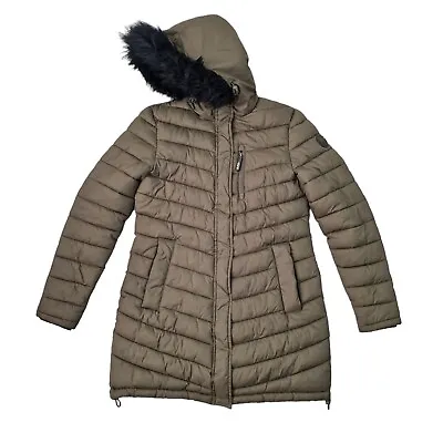 Buy Superdry Long Line Fuji Jacket Womens XL Khaki Green Fur Hood Puffer Coat VGC • 30£