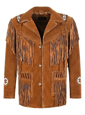 Buy Men's Classic Western Cowboy Tan Suede Leather Jacket Beaded Fringe Leather Coat • 159.99£