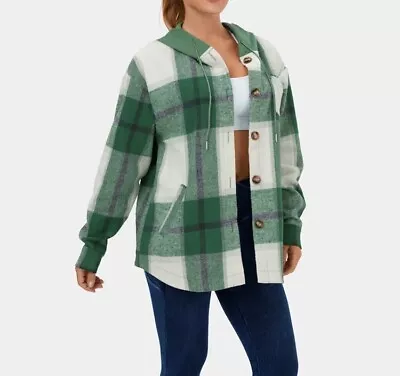 Buy Halara Hooded Drawstring Button Side Pocket Plaid Fleece Jacket • 10.99£