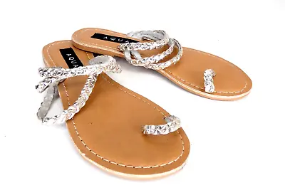 Buy Flat Sandals Sliders Silver Toe Loop Braided Slip On Leather Bohemian UK 3 36 • 9.99£