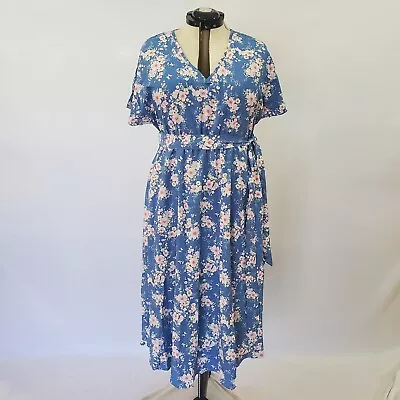 Buy NWT Bloomchic Dress Blue Stone Floral Belted V-Neck Short Sleeve Plus Size 1X • 17.95£