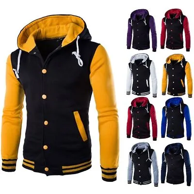 Buy Men Hoodie Baseball Varsity College Jacket Sweatshirt Hooded Button Coat Outwear • 19.99£
