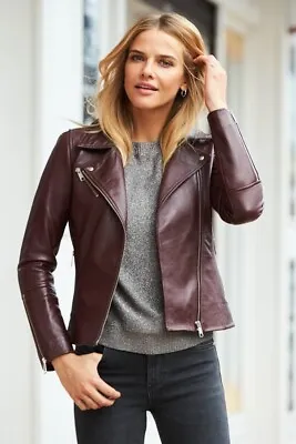 Buy NEW Burgundy Leather Biker Jacket Size 8 Burgundy • 79£
