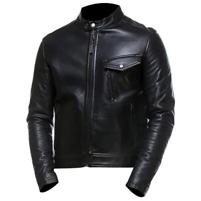 Buy Mens Slim Fit Real Leather Jacket Zip Stand Collar Biker Tops Smart Motorcycle • 29.99£