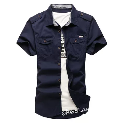 Buy Men' Short Sleeve Cargo Casual T-shirts Military Shirt Double Pockets Button Top • 23.39£