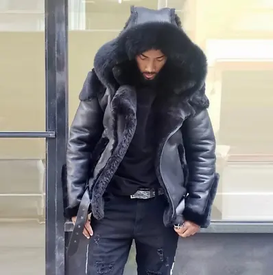 Buy Men Synthetic Leather Overcoat Fur Lined Thick Coat Hooded Jacket Motorbike • 67.64£