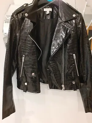Buy Topshop Black Vinyl Croc Faux Leather Biker Jacket Size 6 • 18.99£
