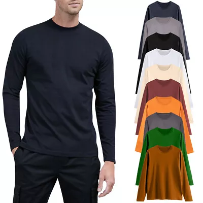 Buy Mens Long Sleeve T-Shirt 100% Cotton Plain Crew Round Neck Casual Tee Tops S-3XL • 6.99£