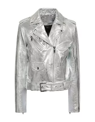 Buy Women Metallic  Silver Motorcycle Jacket Women Real Leather Biker Jacket • 132.45£