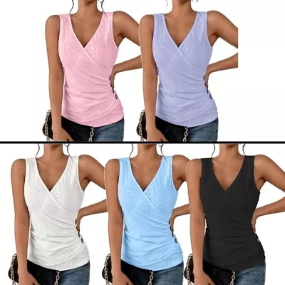 Buy Women Sleeveless Wrap V-Neck Top Ruched Side Button Hollow-Out T-Shirt • 10.51£