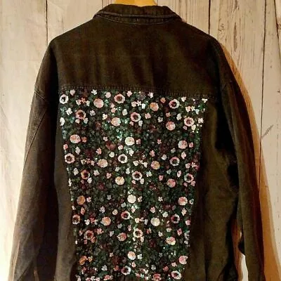 Buy Black Frayed Denim Jacket Glitterflowers On Back Large Goth Emo • 29.99£