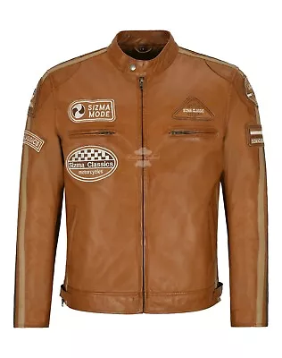 Buy SIZMA Mens Leather Jacket Tan Classic Bikers Fashion Real Leather Jacket 5011 • 119.74£