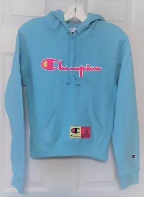 Buy CHAMPION Reverse Weave Baby Blue HOODIE - Spelled Out Logo - Size XS • 21.31£
