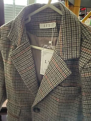 Buy Plaid Check Wool Tweed Jacket With Tan Vegan Leather BNWT Medium Blazer • 28.99£
