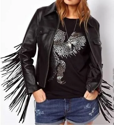 Buy Women Western Black Cowhide Leather Wear Cow-Lady Fringe Vintage Ladies Jacket • 139.99£
