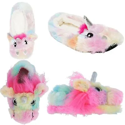 Buy Girls / Ladies Novelty Soft 3D Rainbow Unicorn Plush Slippers Sizes Mini Me Gift • 7.99£
